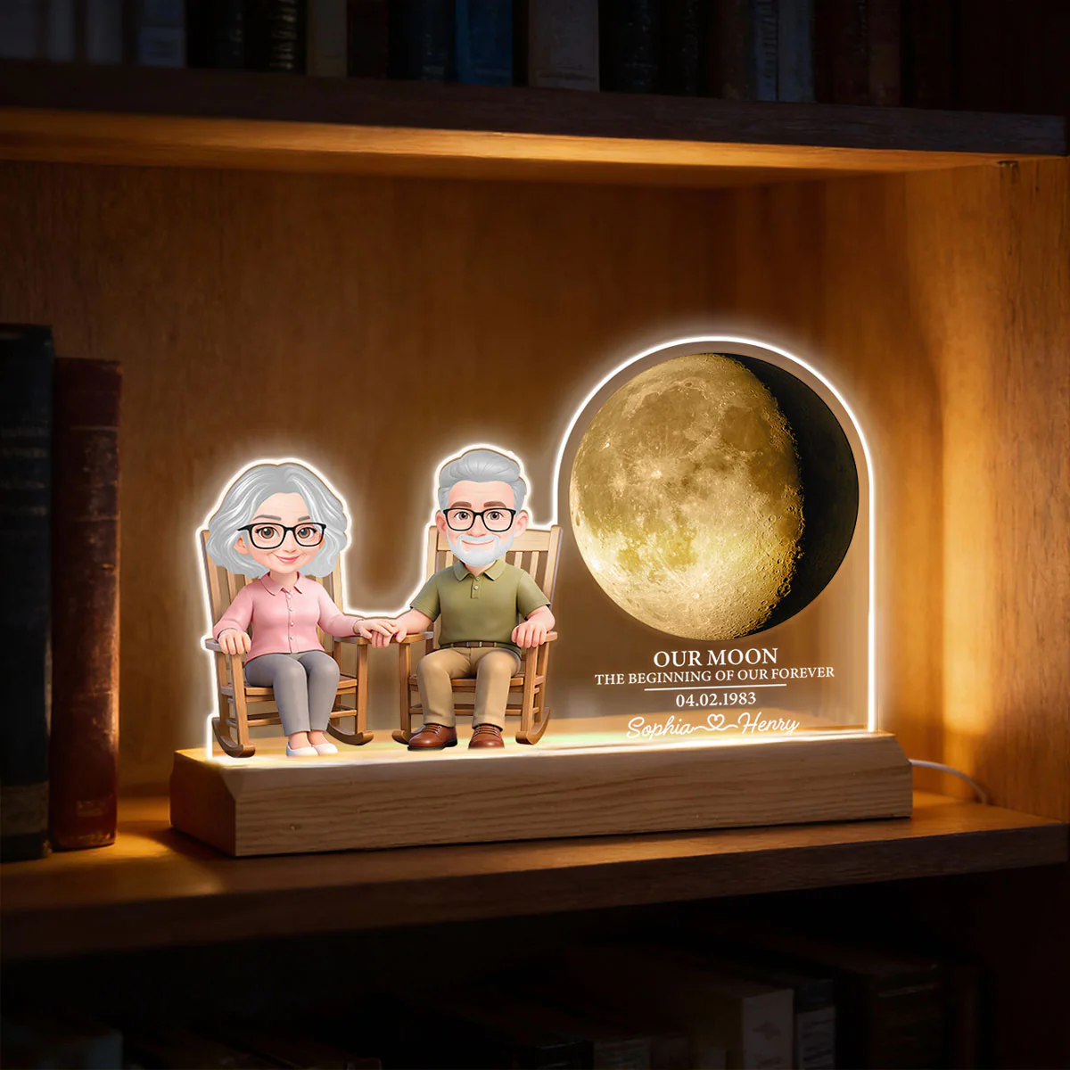 Old Couple Sitting On Rocking Chair Custom Moon Phase - Personalized Acrylic Plaque LED Night Light - Image 5