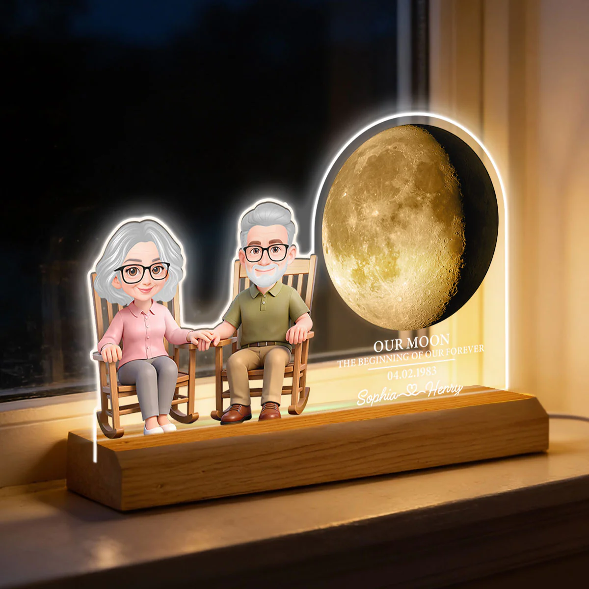 Old Couple Sitting On Rocking Chair Custom Moon Phase - Personalized Acrylic Plaque LED Night Light - Image 6