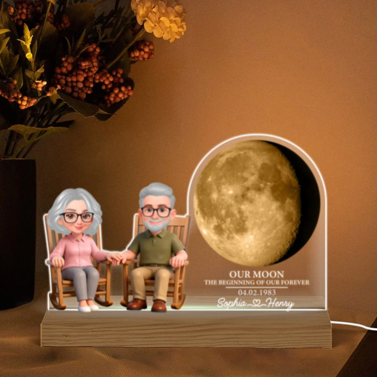 Old Couple Sitting On Rocking Chair Custom Moon Phase - Personalized Acrylic Plaque LED Night Light - Image 7