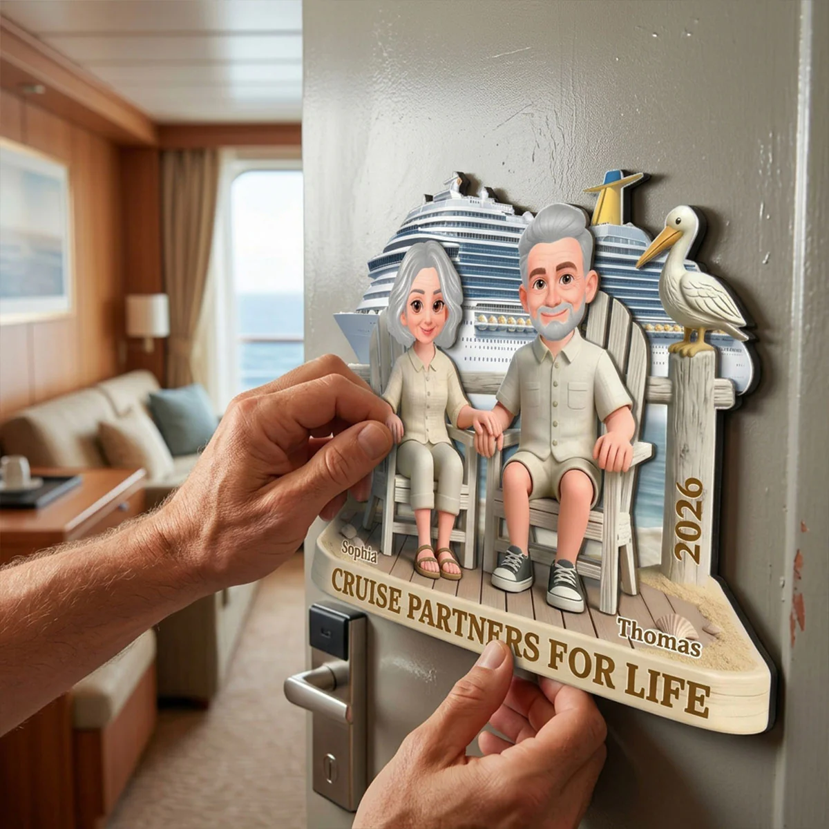 Old Couple Sitting On The Beach - Personalized Cruise Cabin Door Magnet - Anniversary Cruise Keepsake - Image 6