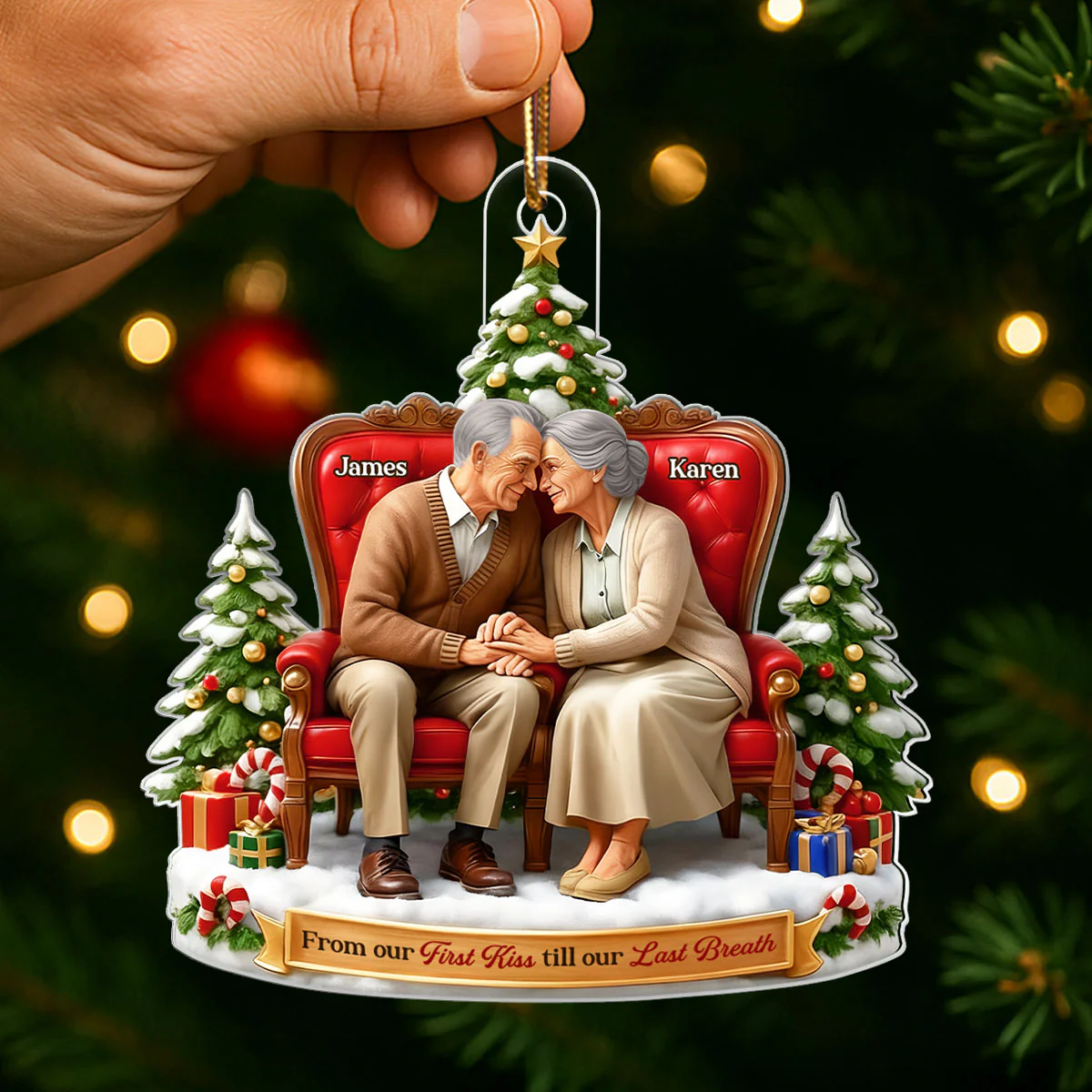Old Couple Sitting Together from Our 1st Kiss til Our Last Breath - Personalized Acrylic Ornament - Christmas Gift for him, Gift for her - Image 3