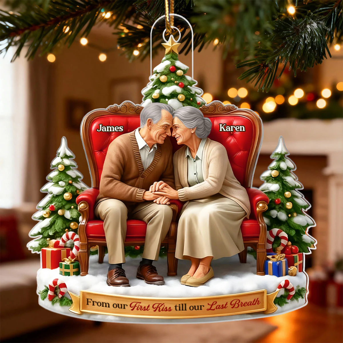 Old Couple Sitting Together from Our 1st Kiss til Our Last Breath - Personalized Acrylic Ornament - Christmas Gift for him, Gift for her - Image 4