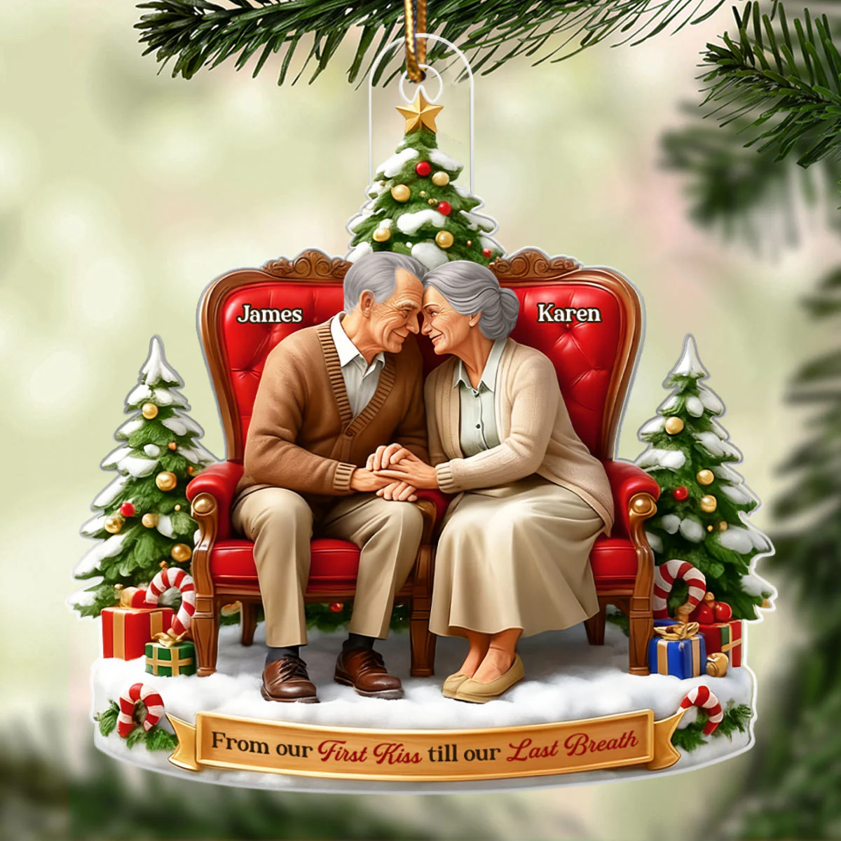 Old Couple Sitting Together from Our 1st Kiss til Our Last Breath - Personalized Acrylic Ornament - Christmas Gift for him, Gift for her - Image 5