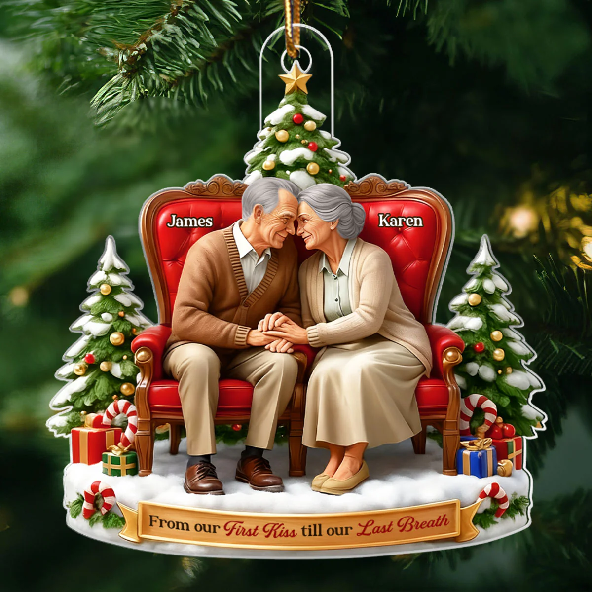 Old Couple Sitting Together from Our 1st Kiss til Our Last Breath - Personalized Acrylic Ornament - Christmas Gift for him, Gift for her - Image 6