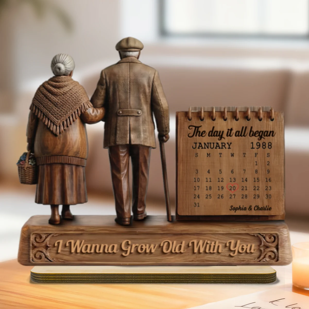 Old Couple Walking Side By Side Anniversary Date Calendar 2D Flat - Personalized 2-Layered Wooden Plaque - Image 10