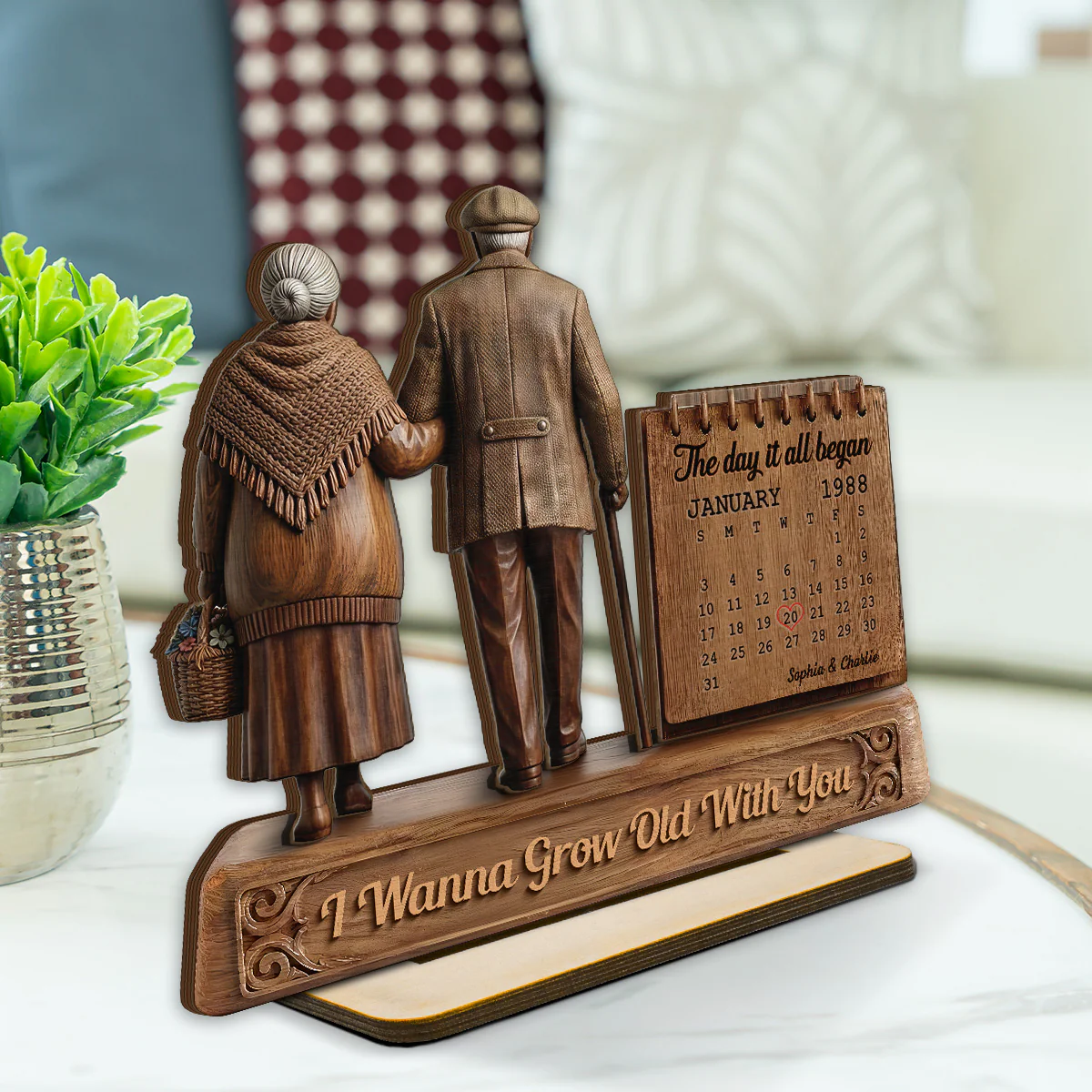 Old Couple Walking Side By Side Anniversary Date Calendar 2D Flat - Personalized 2-Layered Wooden Plaque - Image 2