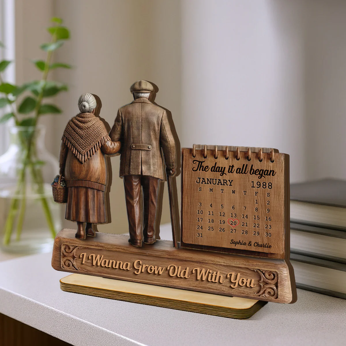Old Couple Walking Side By Side Anniversary Date Calendar 2D Flat - Personalized 2-Layered Wooden Plaque - Image 3
