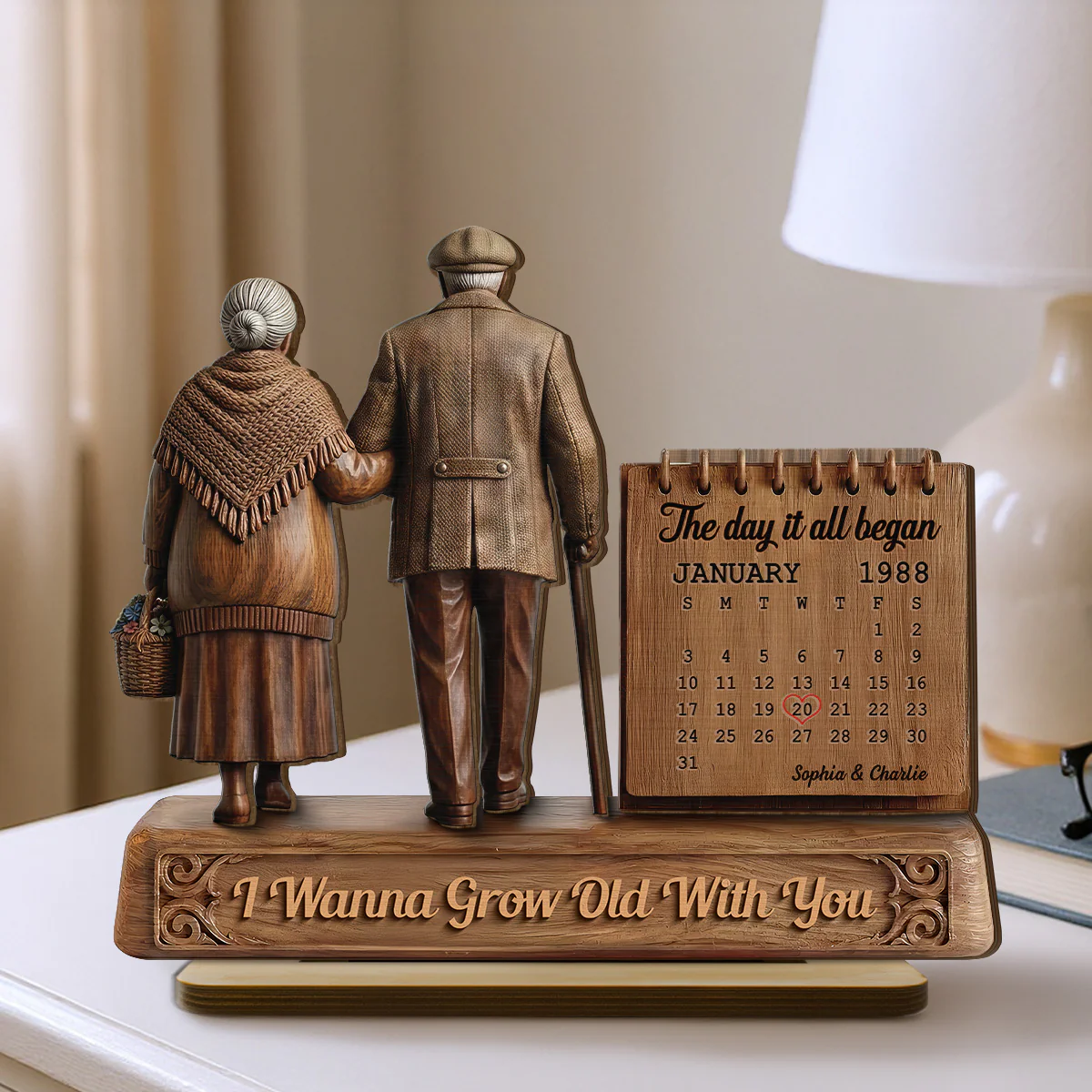 Old Couple Walking Side By Side Anniversary Date Calendar 2D Flat - Personalized 2-Layered Wooden Plaque - Image 4