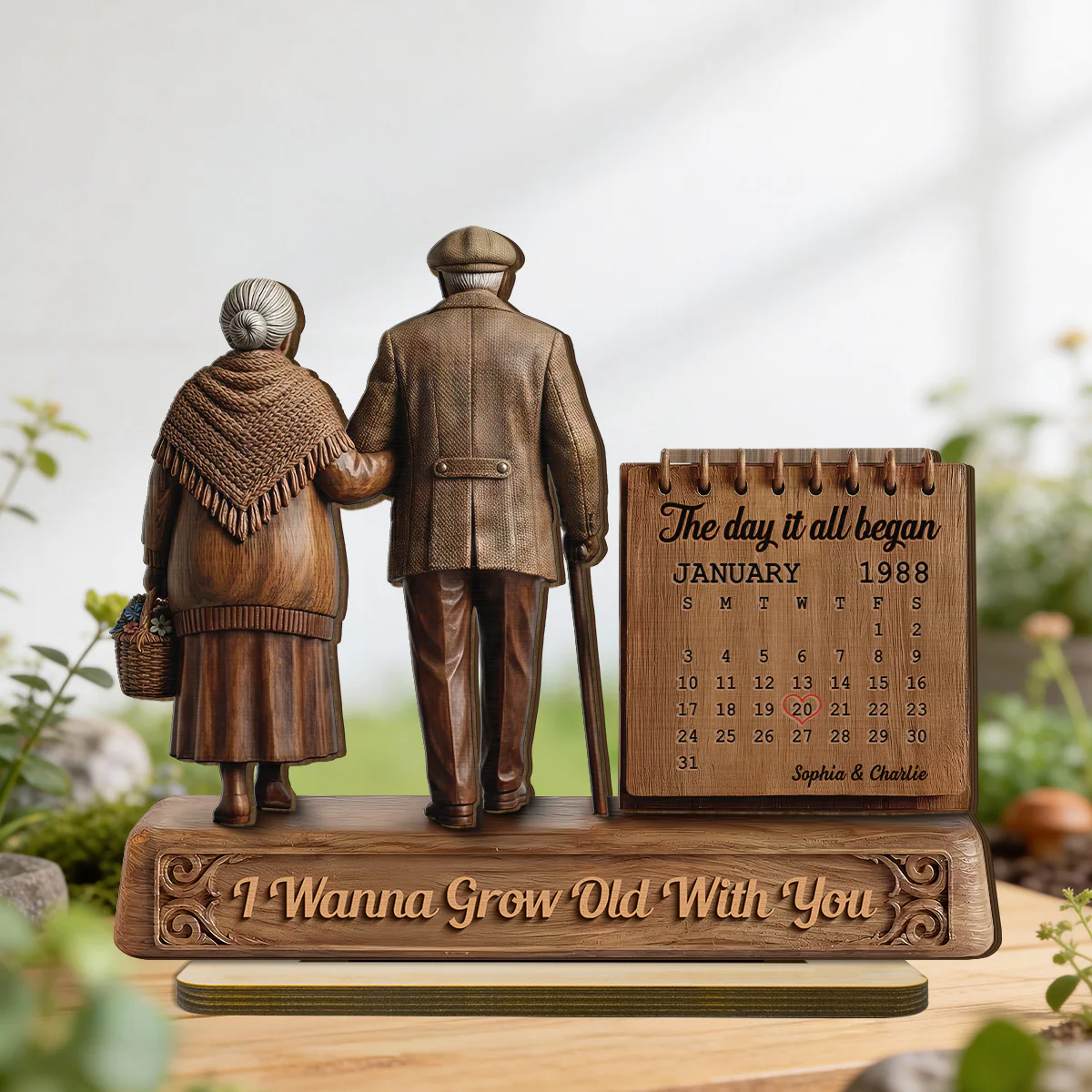 Old Couple Walking Side By Side Anniversary Date Calendar 2D Flat - Personalized 2-Layered Wooden Plaque - Image 5