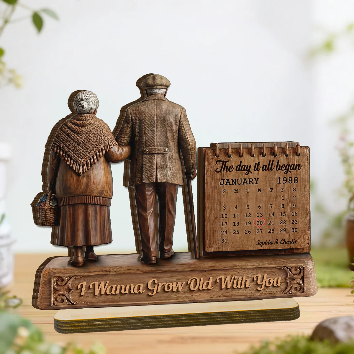 Old Couple Walking Side By Side Anniversary Date Calendar 2D Flat - Personalized 2-Layered Wooden Plaque - Image 6