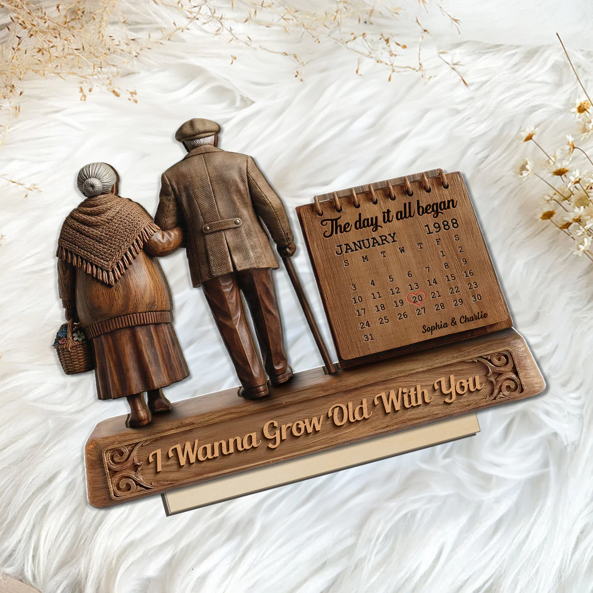 Old Couple Walking Side By Side Anniversary Date Calendar 2D Flat - Personalized 2-Layered Wooden Plaque - Image 7