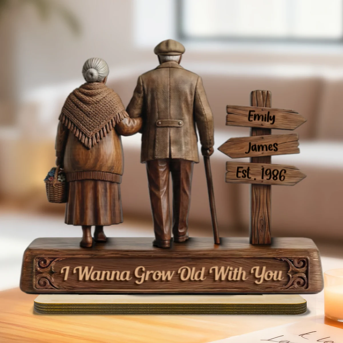 Old Couple Walking Side By Side Sign Post 2D Flat - Personalized 2-Layered Wooden Plaque - Image 10