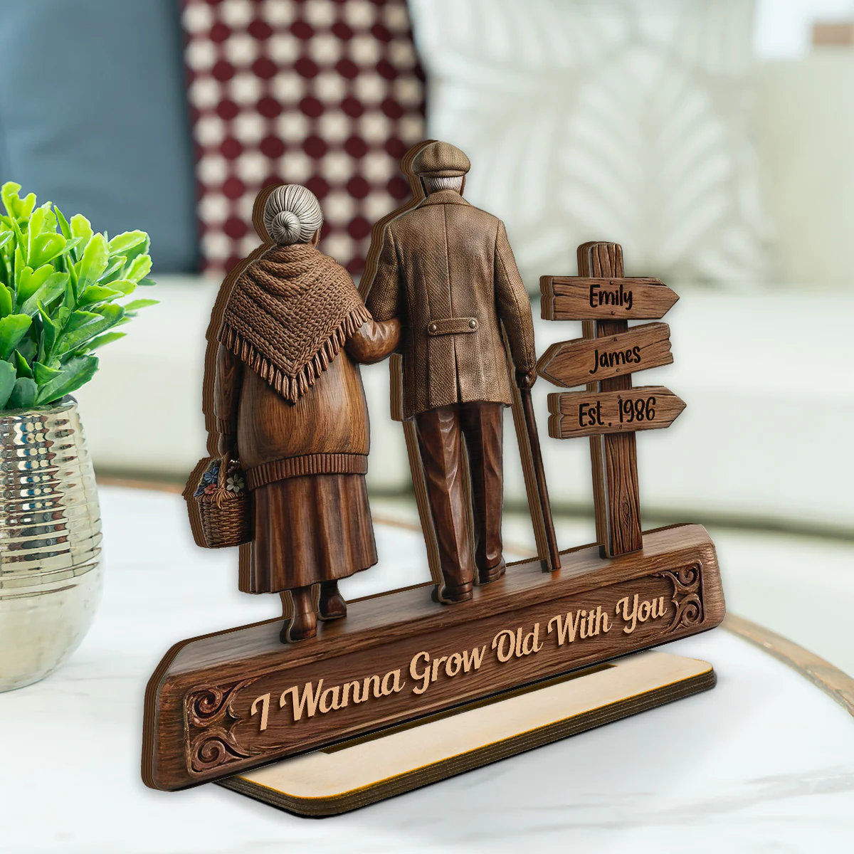 Old Couple Walking Side By Side Sign Post 2D Flat - Personalized 2-Layered Wooden Plaque - Image 2