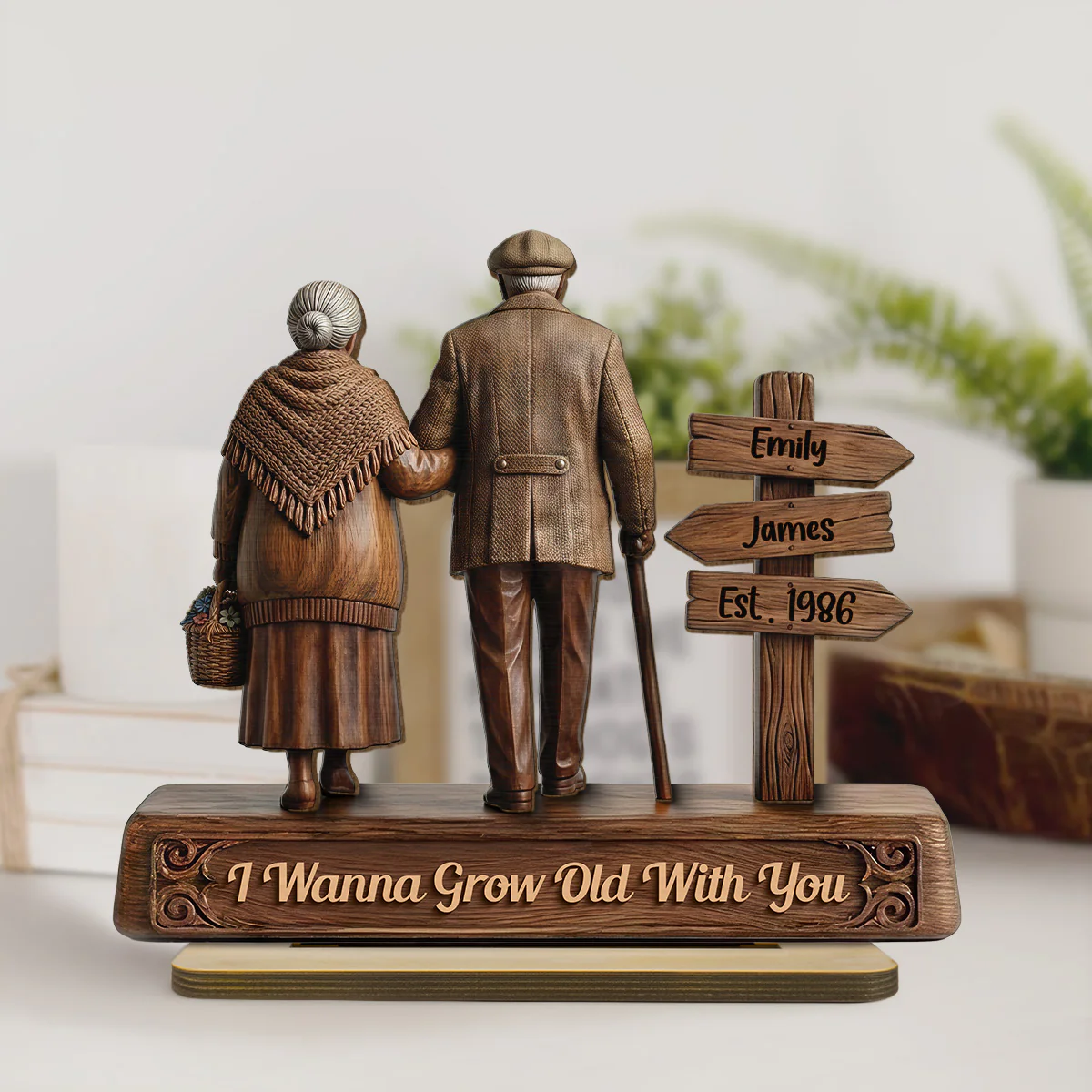 Old Couple Walking Side By Side Sign Post 2D Flat - Personalized 2-Layered Wooden Plaque - Image 3