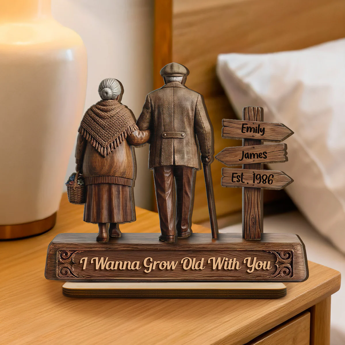 Old Couple Walking Side By Side Sign Post 2D Flat - Personalized 2-Layered Wooden Plaque - Image 4