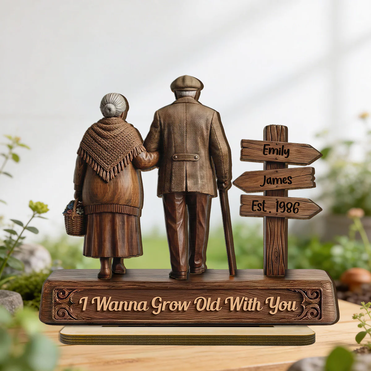 Old Couple Walking Side By Side Sign Post 2D Flat - Personalized 2-Layered Wooden Plaque - Image 5