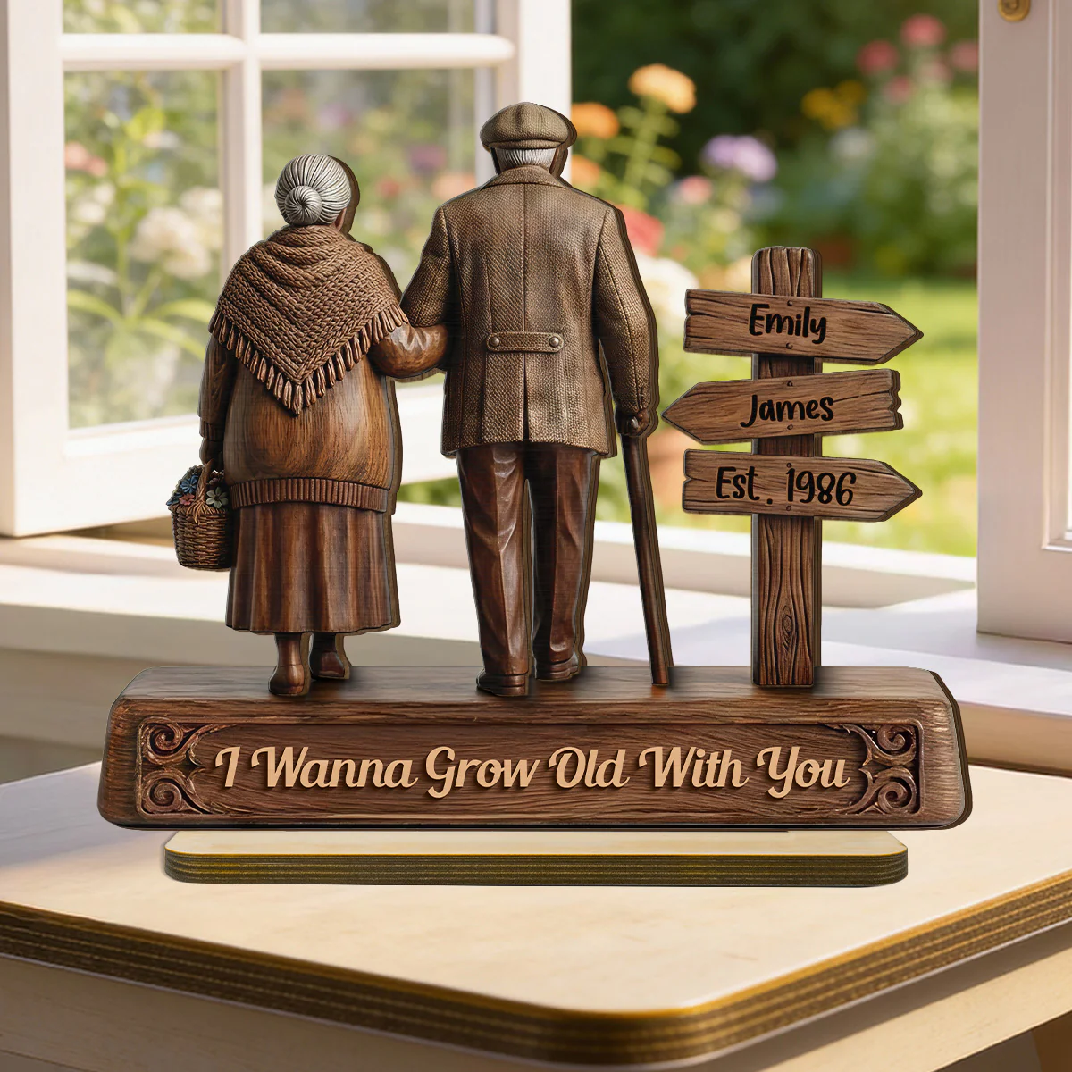 Old Couple Walking Side By Side Sign Post 2D Flat - Personalized 2-Layered Wooden Plaque - Image 6