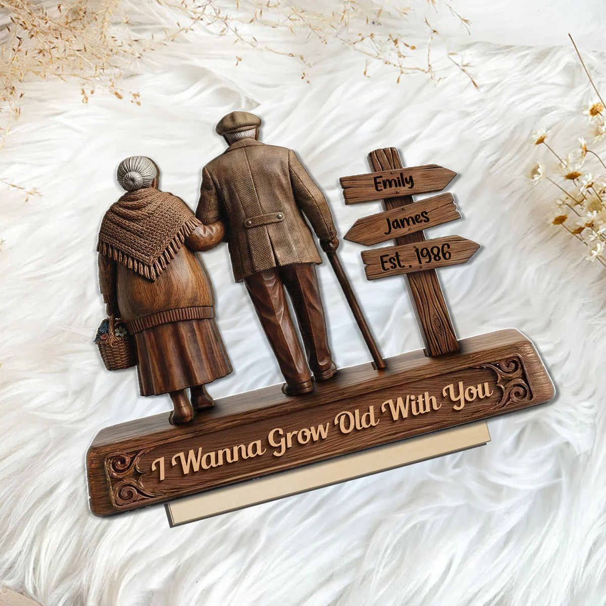 Old Couple Walking Side By Side Sign Post 2D Flat - Personalized 2-Layered Wooden Plaque - Image 7