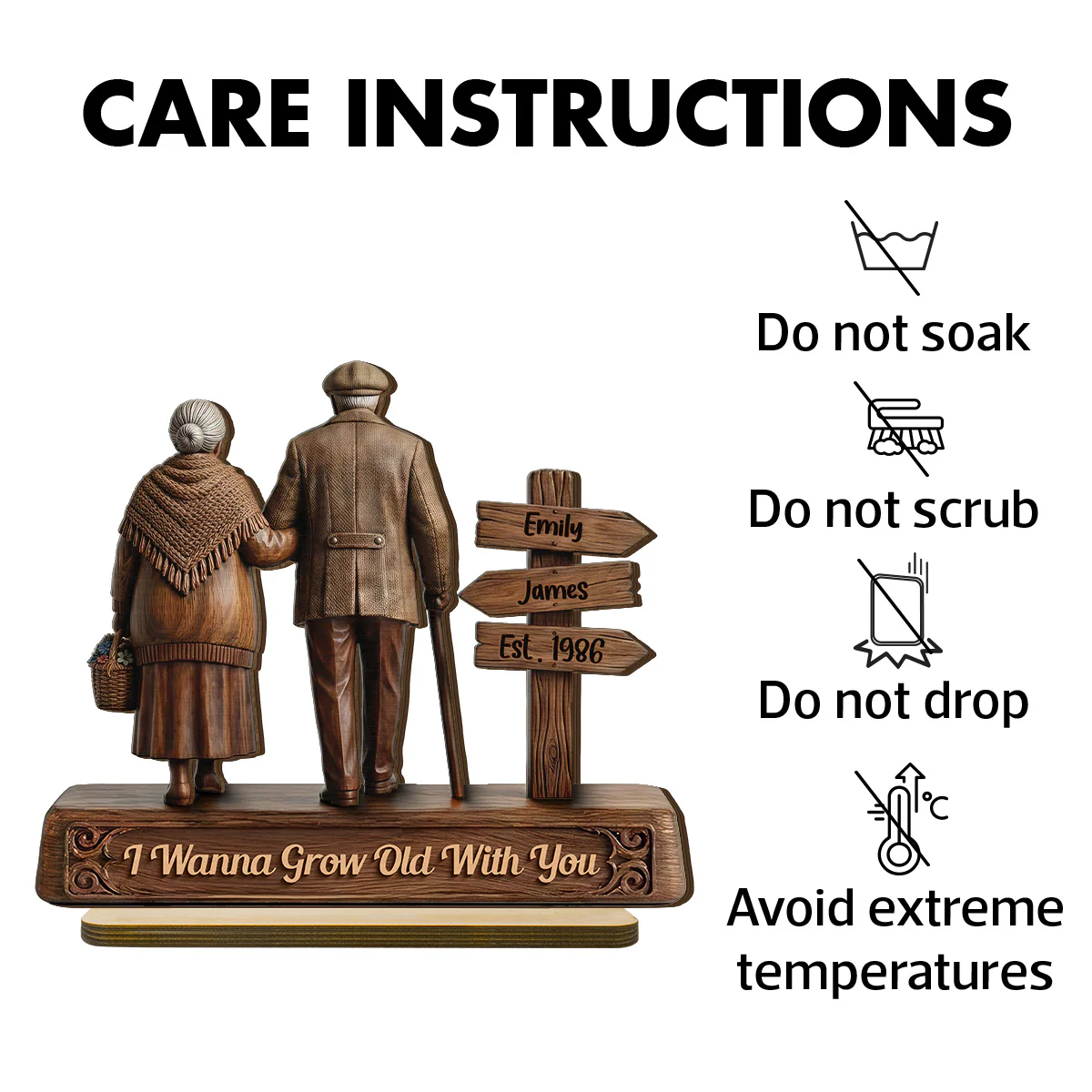 Old Couple Walking Side By Side Sign Post 2D Flat - Personalized 2-Layered Wooden Plaque - Image 9