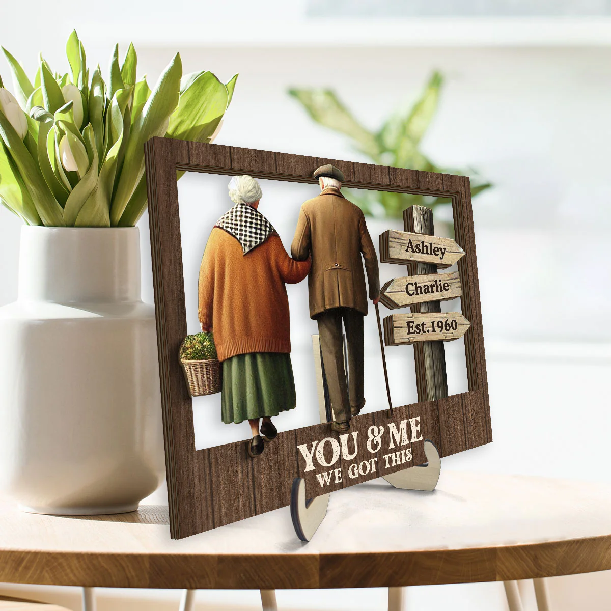 Old Couple Walking Together Personalized 2-Layer Wooden Plaque, Heartfelt Gift For Couple, For Him, For Her, Husband, Wife - Image 3