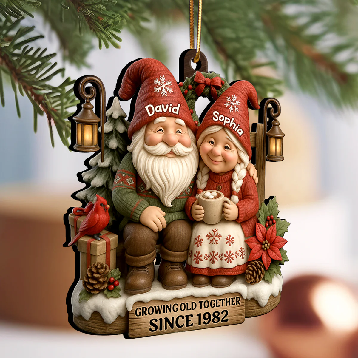 Old Gnomes Couple Sharing Holiday Cheer Together - Personalized Wooden Ornament - Thoughtful & Heartfelt Christmas Gift for him, Gift for her - Image 3