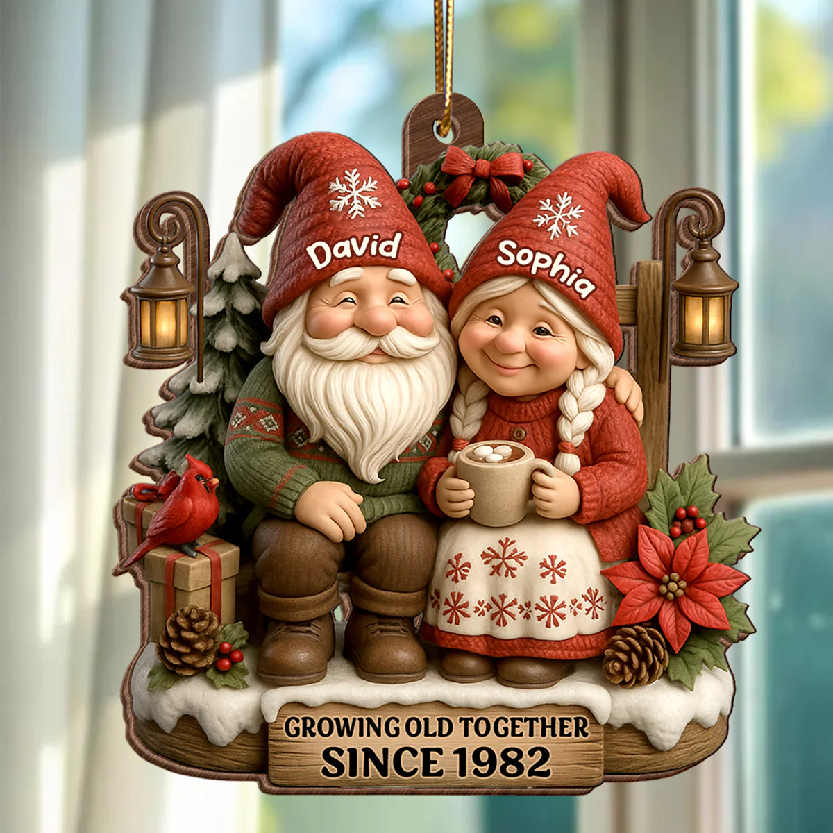 Old Gnomes Couple Sharing Holiday Cheer Together - Personalized Wooden Ornament - Thoughtful & Heartfelt Christmas Gift for him, Gift for her - Image 4