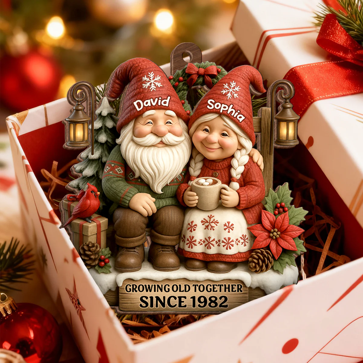 Old Gnomes Couple Sharing Holiday Cheer Together - Personalized Wooden Ornament - Thoughtful & Heartfelt Christmas Gift for him, Gift for her - Image 5