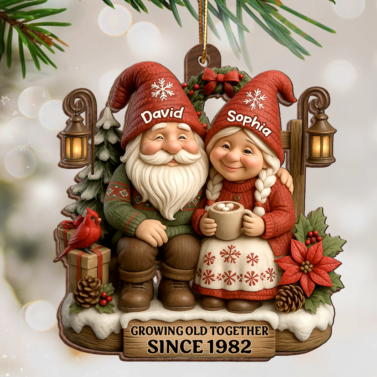 Old Gnomes Couple Sharing Holiday Cheer Together - Personalized Wooden Ornament - Thoughtful & Heartfelt Christmas Gift for him, Gift for her - Image 7