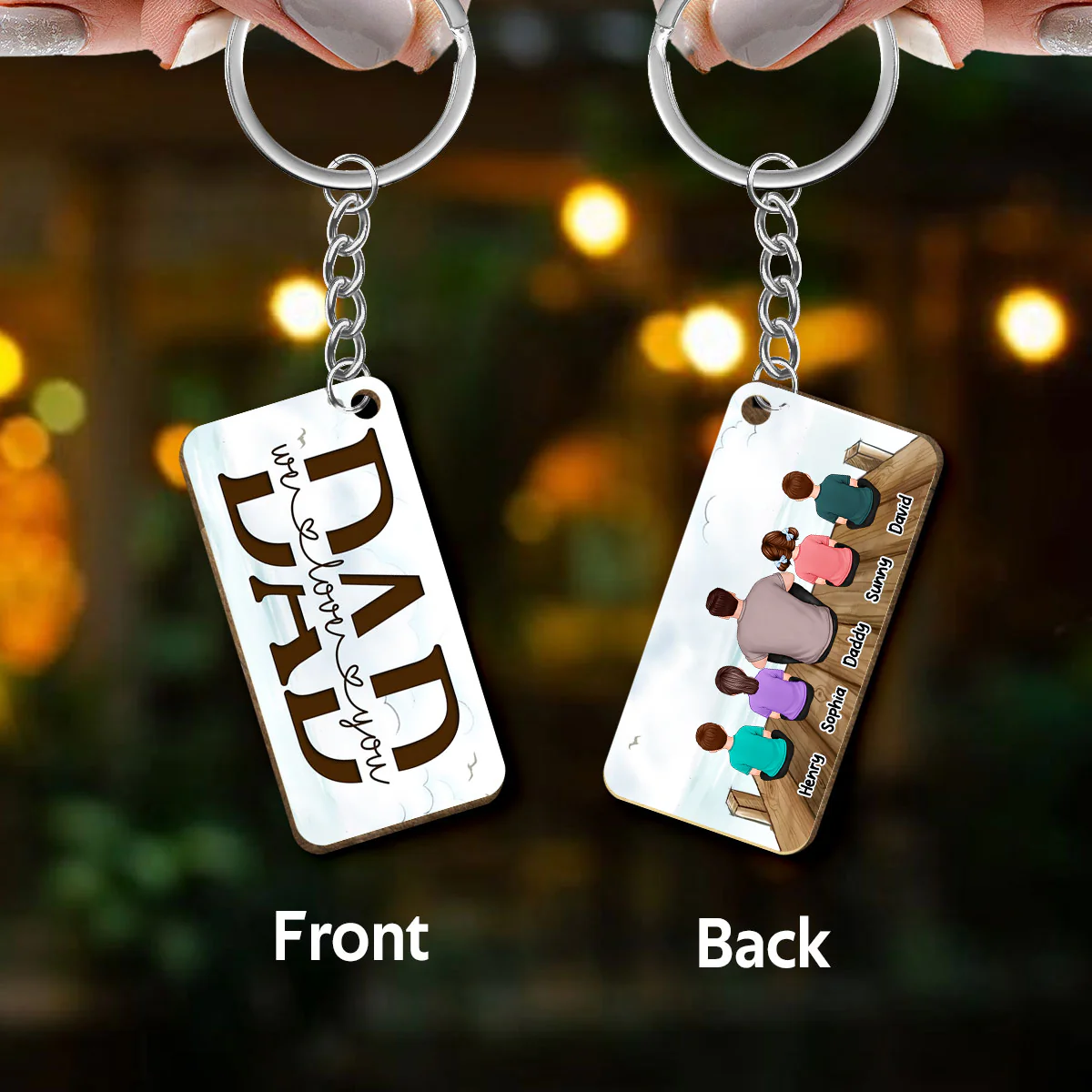 On The Bridge Best Dad Ever Back View Man Kids Dog Cat Father‘s Day Gift Personalized Wooden Keychain - Image 3