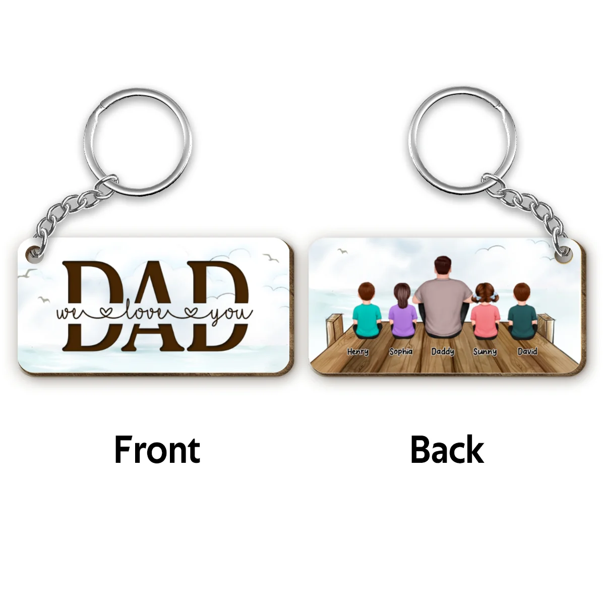 On The Bridge Best Dad Ever Back View Man Kids Dog Cat Father‘s Day Gift Personalized Wooden Keychain - Image 4