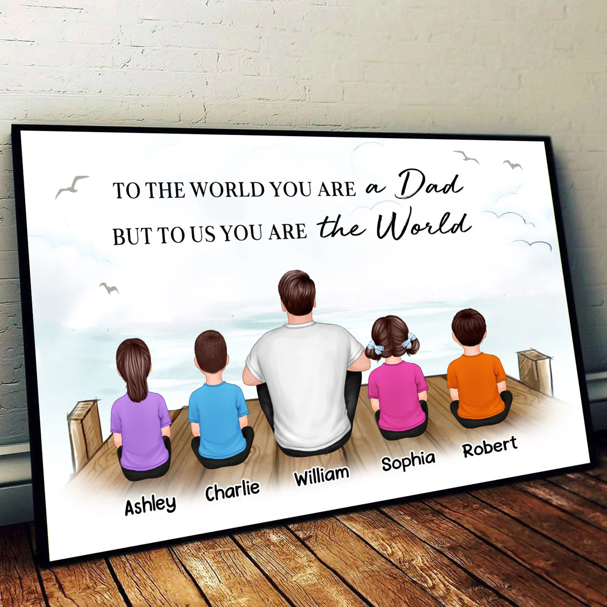 On The Bridge Dad Back View Man And Kids Dogs Cats Sitting Personalized Horizontal Poster - Image 2
