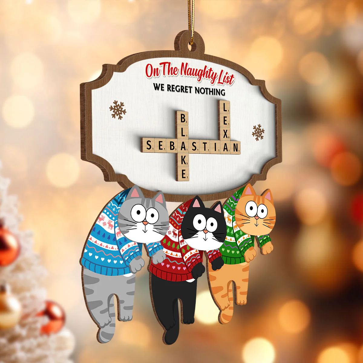 On The Naughty List We Regret Nothing Crossword Puzzle Art Personalized 2-Layer Wooden Ornament, Unique Christmas Gift For Cat Owners - Image 3