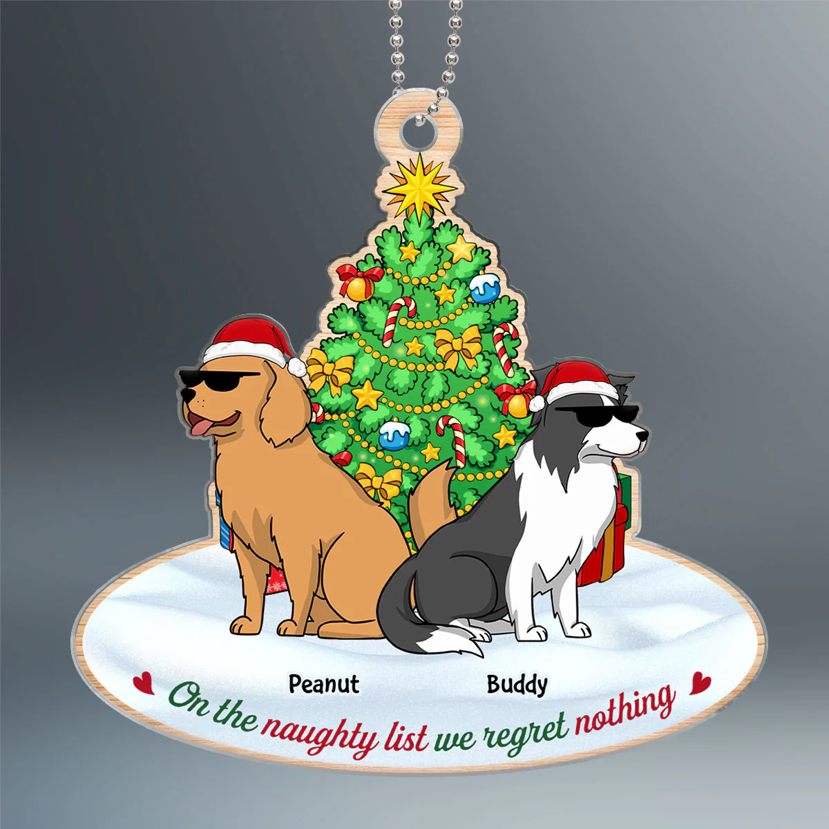 On The Naughty List We Regret Nothing Funny Cartoon Dogs Christmas Tree Personalized Acrylic Ornament - Image 2