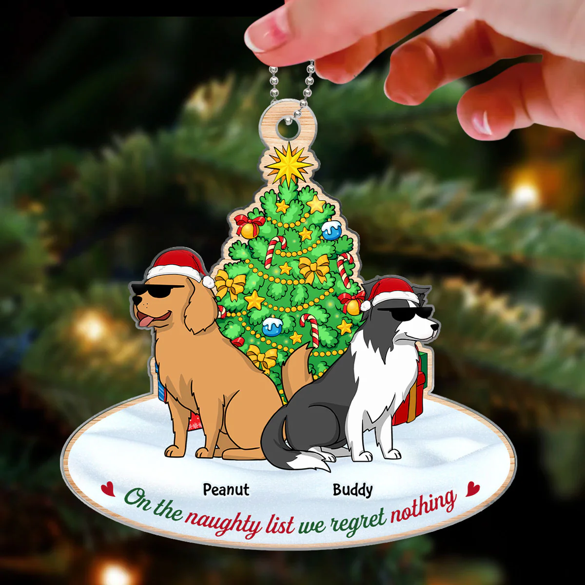 On The Naughty List We Regret Nothing Funny Cartoon Dogs Christmas Tree Personalized Acrylic Ornament - Image 3