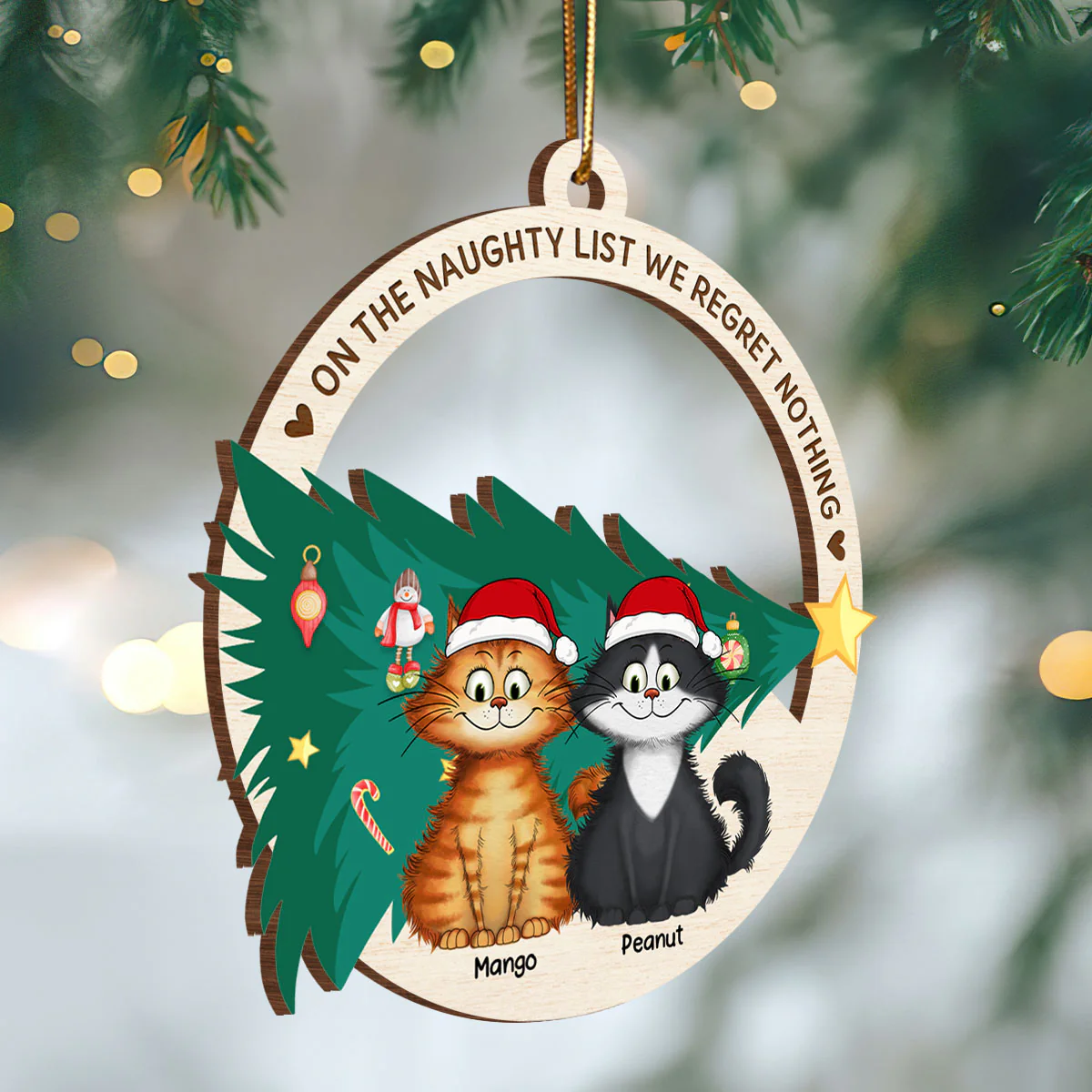 On The Naughty List We Regret Nothing Quirky Cat Wooden Ornament, Personalized Christmas Cat Ornament - Image 3