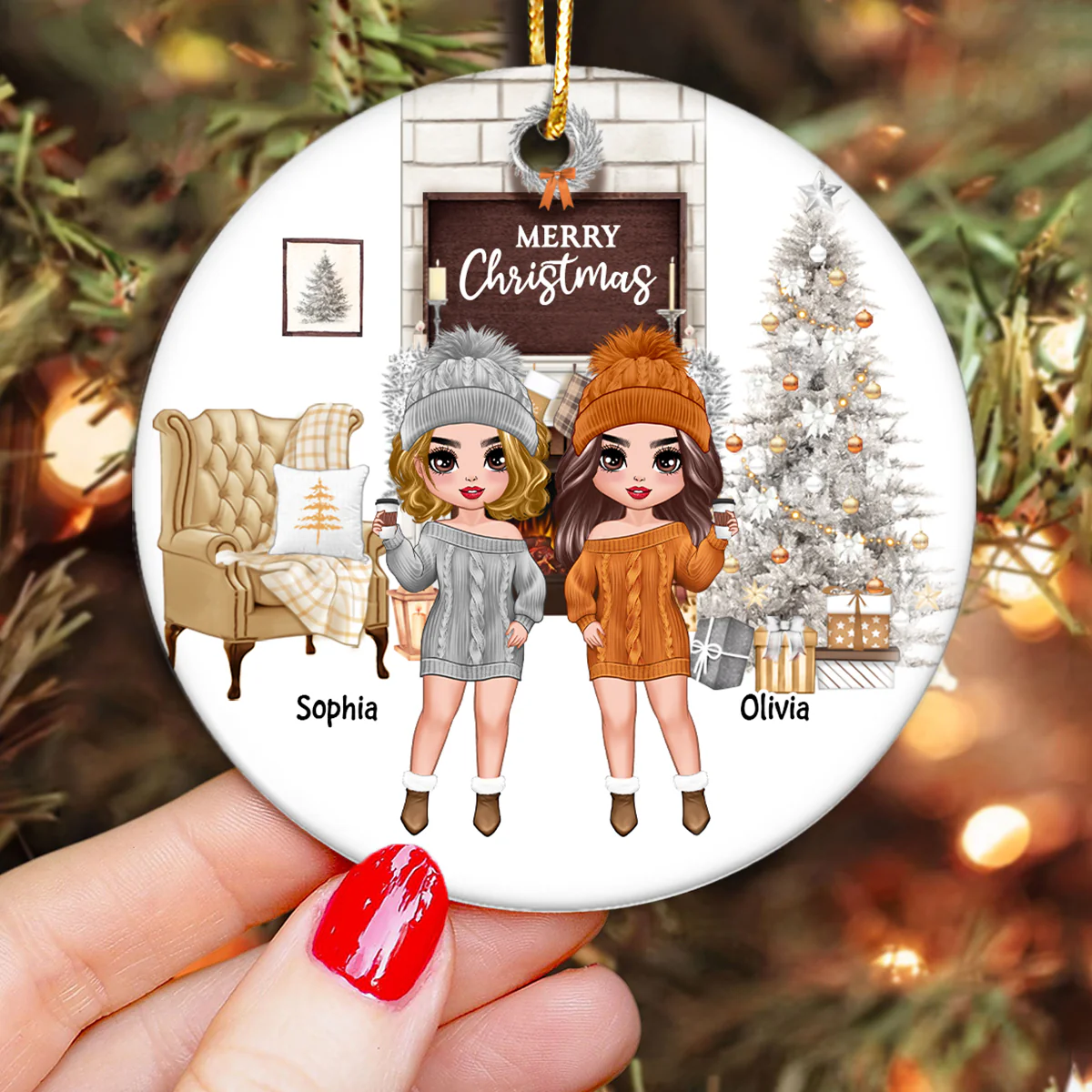 Orange And White Christmas Doll Besties Sisters Standing Personalized Circle Ornament - Image 3
