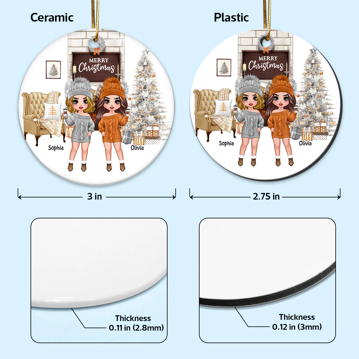 Orange And White Christmas Doll Besties Sisters Standing Personalized Circle Ornament - Image 4