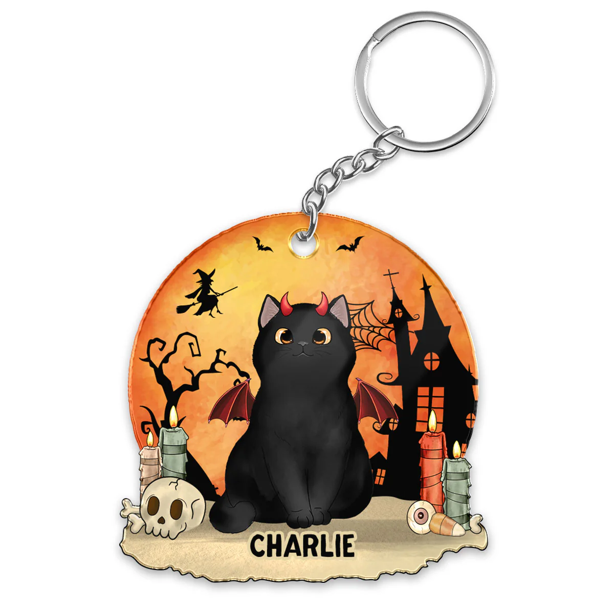Orange Moon Halloween Fluffy Cat Sitting Personalized Acrylic Keychain