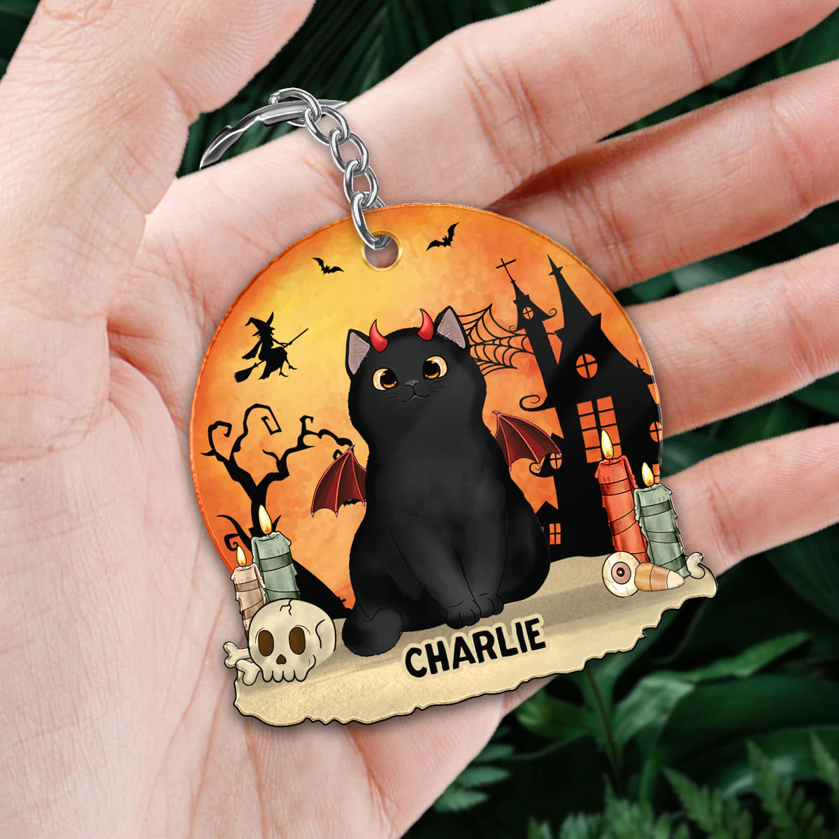 Orange Moon Halloween Fluffy Cat Sitting Personalized Acrylic Keychain - Image 2