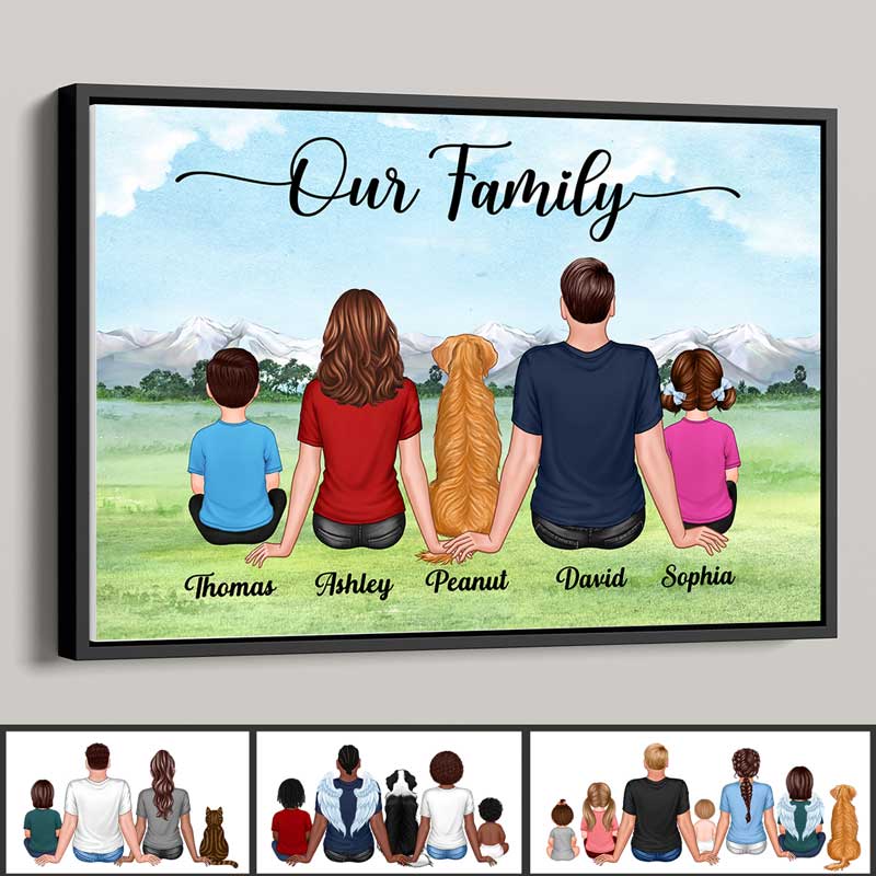 Our Family Couple Kid Dog Cat Back View Sitting On Grass Personalized Horizontal Poster - Image 2