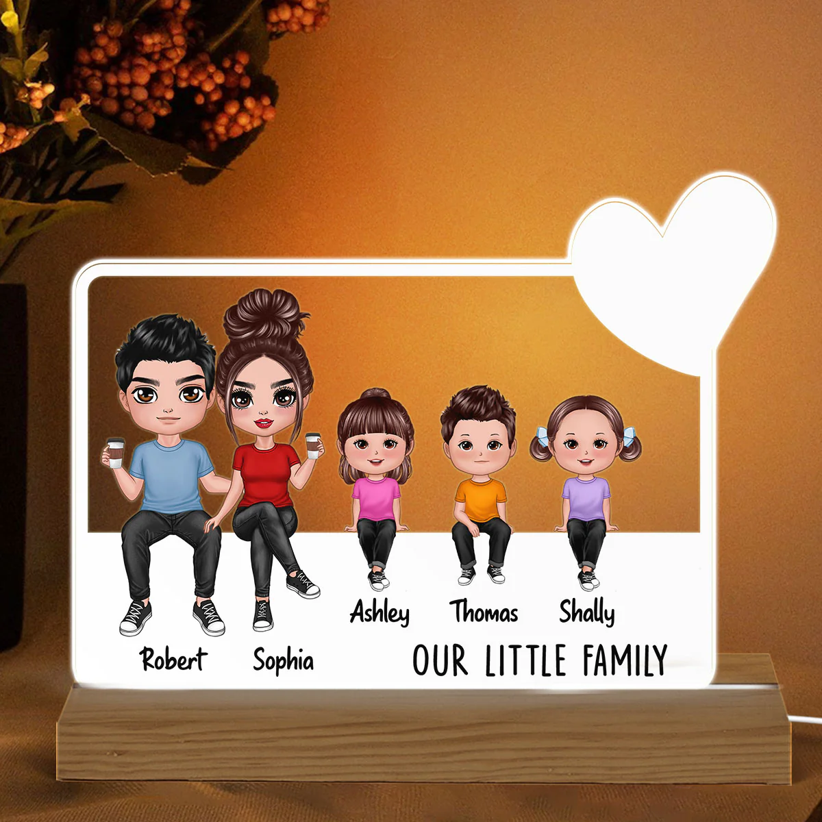 Our Family Doll Sitting Heart Personalized Acrylic Custom Shape LED Night Light - Image 2