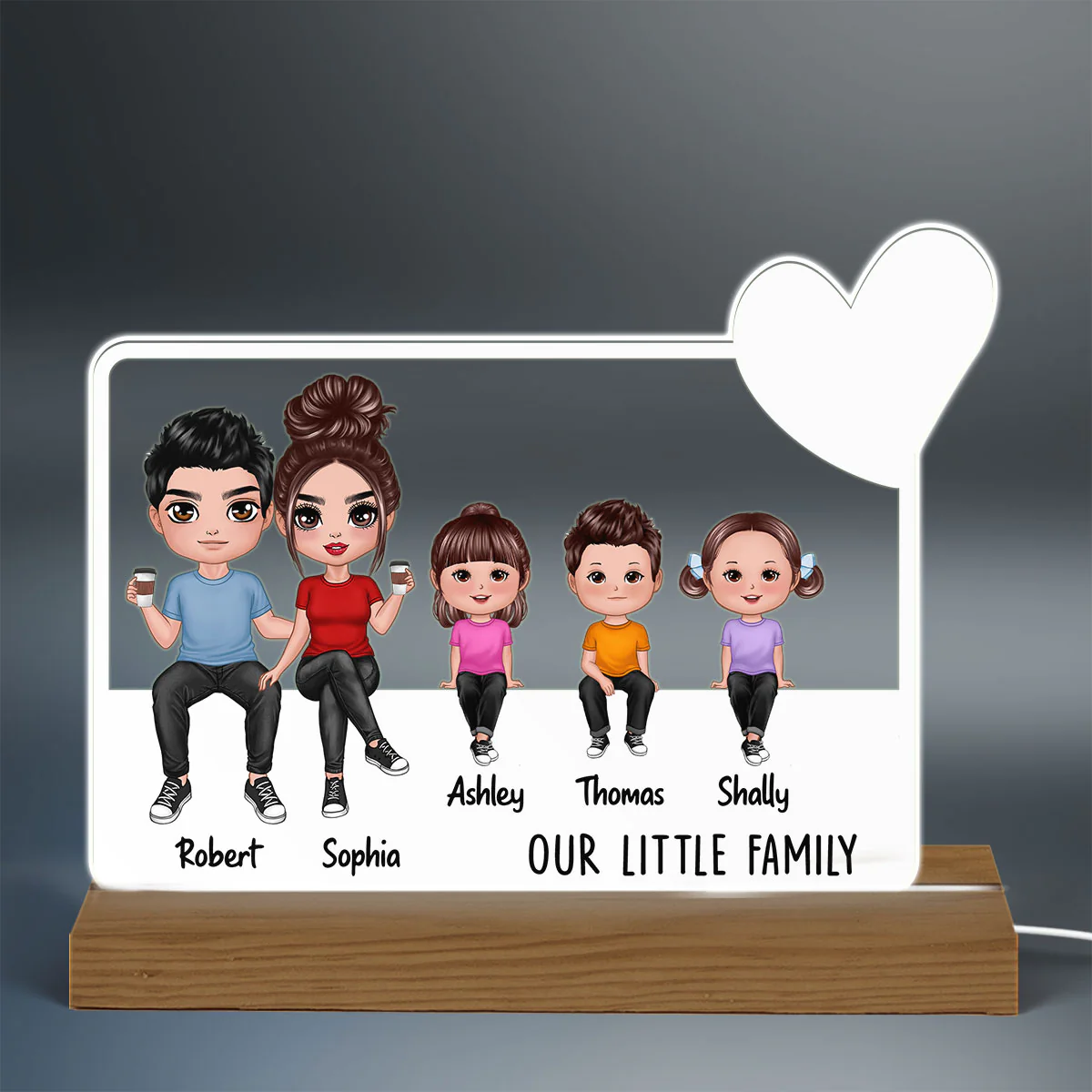 Our Family Doll Sitting Heart Personalized Acrylic Custom Shape LED Night Light - Image 3