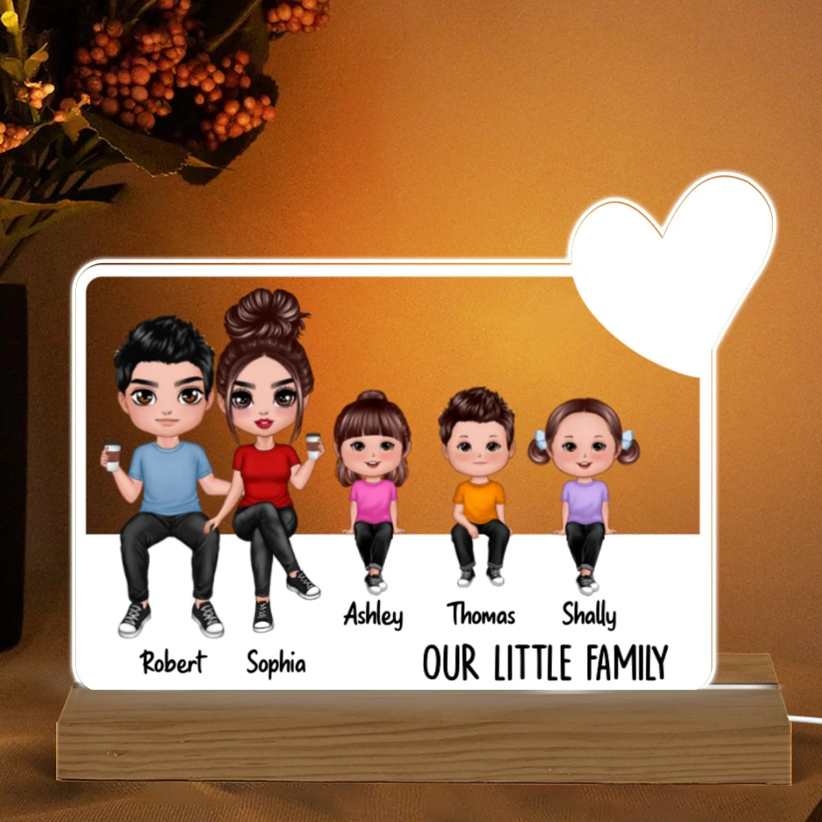 Our Family Doll Sitting Heart Personalized Acrylic Custom Shape LED Night Light - Image 5
