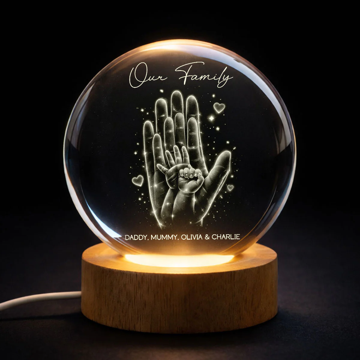 Our Family Handprint - Personalized Crystal Ball LED Night Light - Sentimental Gift for Mom, Dad - Image 2
