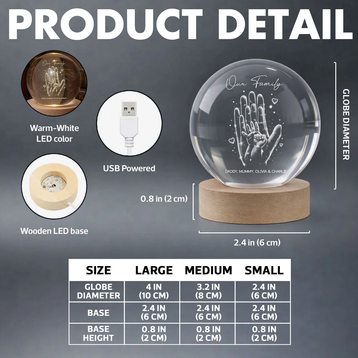 Our Family Handprint - Personalized Crystal Ball LED Night Light - Sentimental Gift for Mom, Dad - Image 8