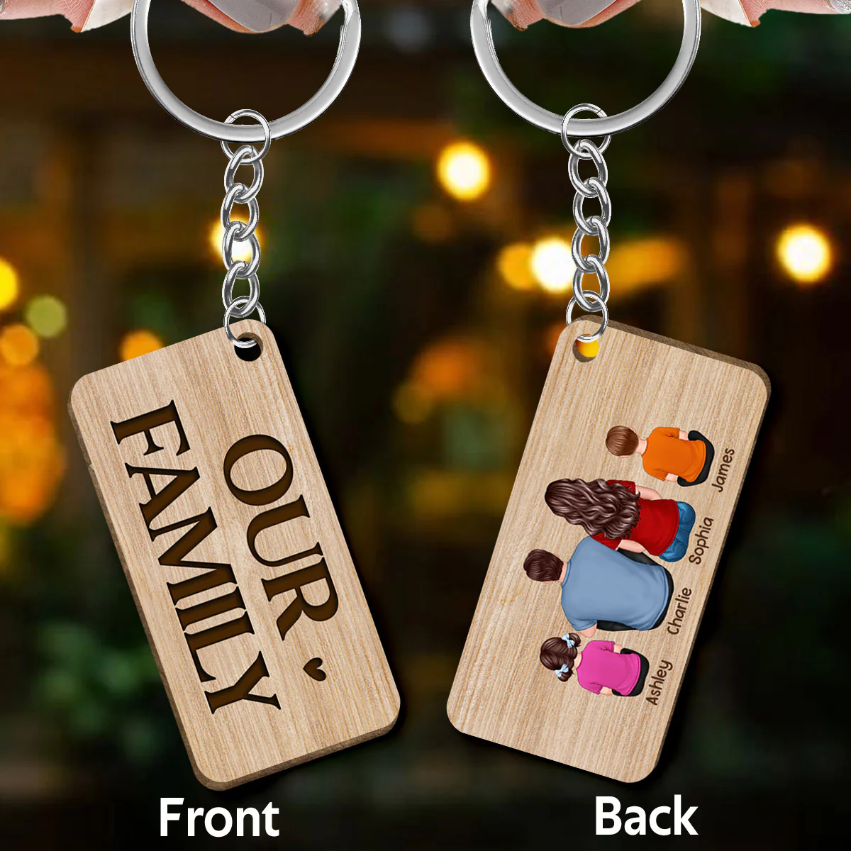 Our Family Sitting Back View Personalized Wooden Keychain - Image 3