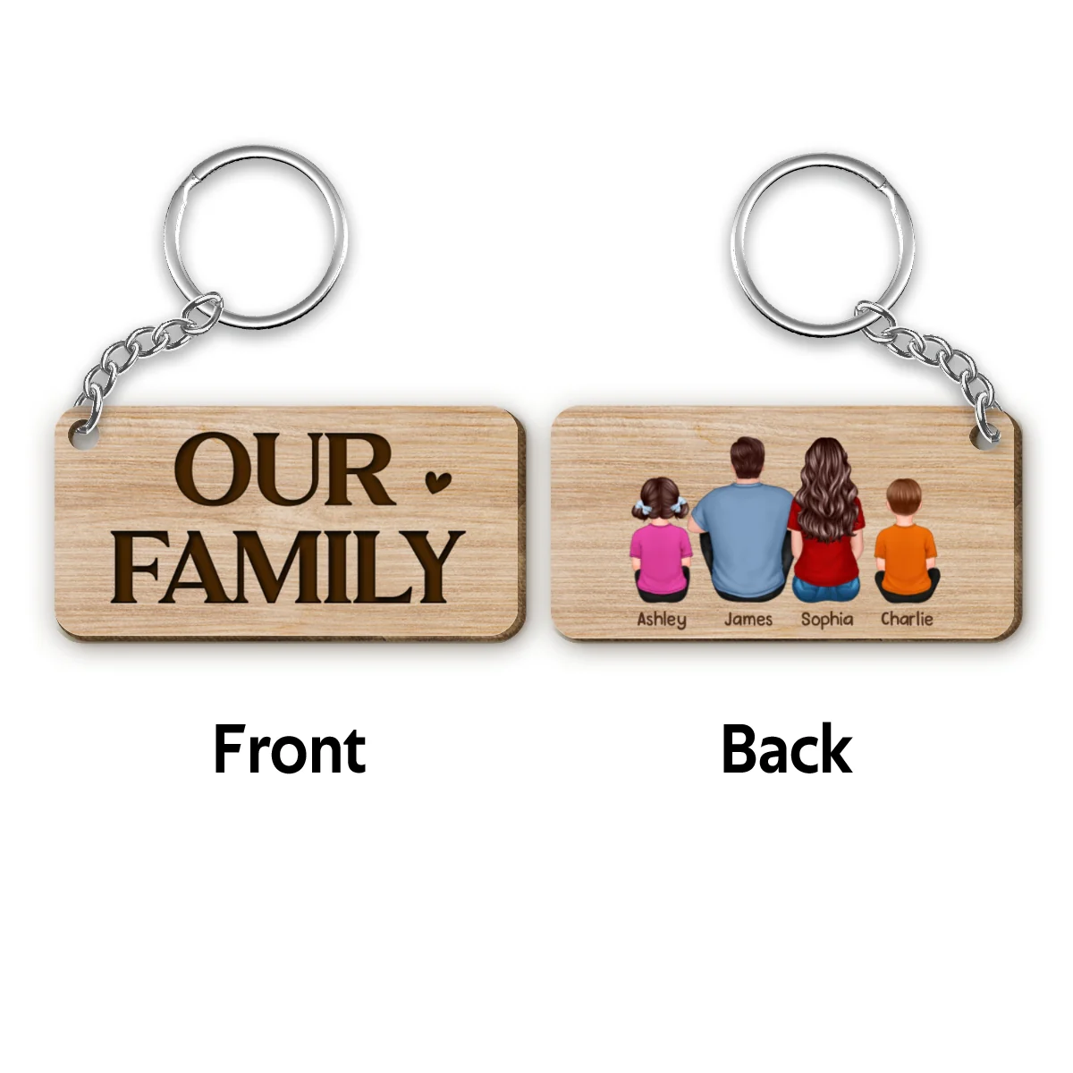 Our Family Sitting Back View Personalized Wooden Keychain - Image 4