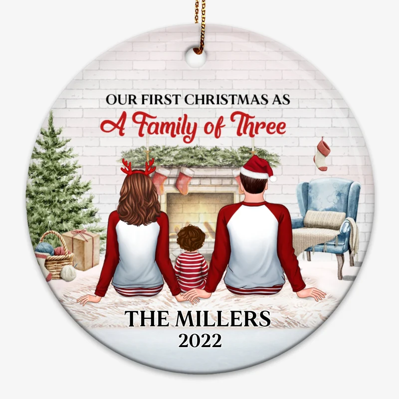 Our First Christmas As Family Back View Personalized Circle Ornament - Image 3