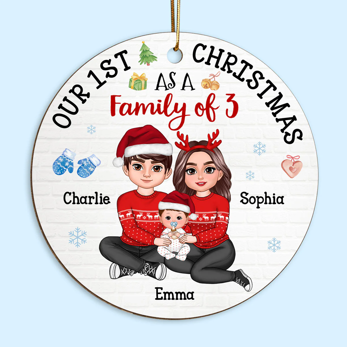 Our First Christmas As Family Of 3 Embracing Sitting Family Personalized Wooden Ornament