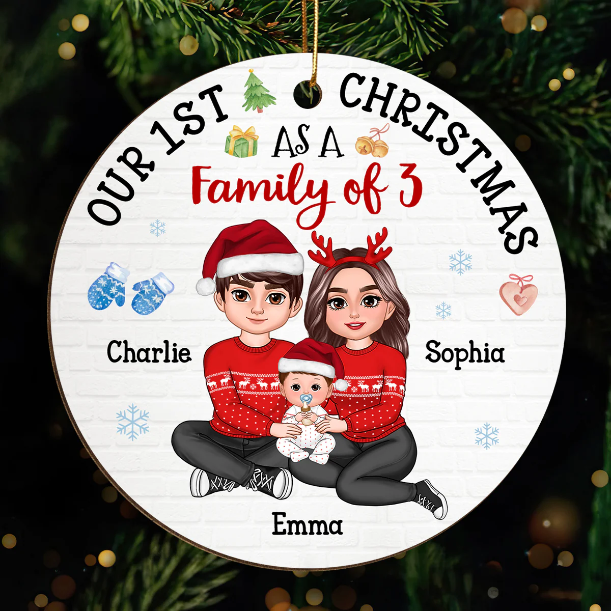 Our First Christmas As Family Of 3 Embracing Sitting Family Personalized Wooden Ornament - Image 2